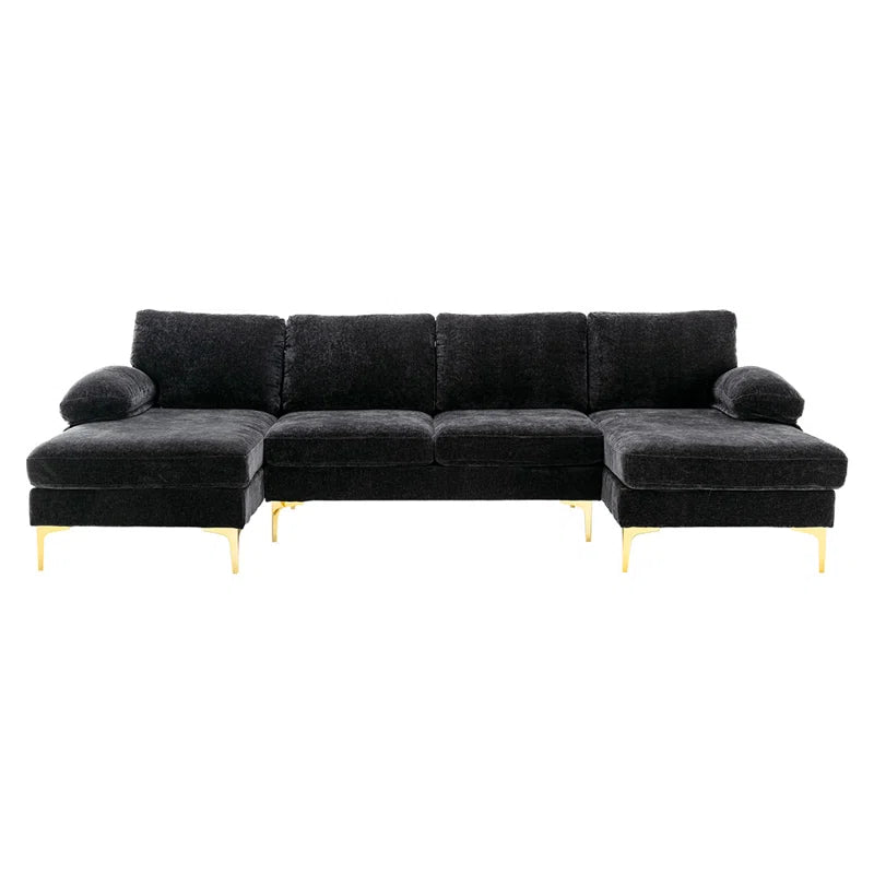 U-Shape Sectional Sofa: 110.6" Wide 3-Piece Upholstered Sectional with Chaise Longue(Black Polyester Blend)