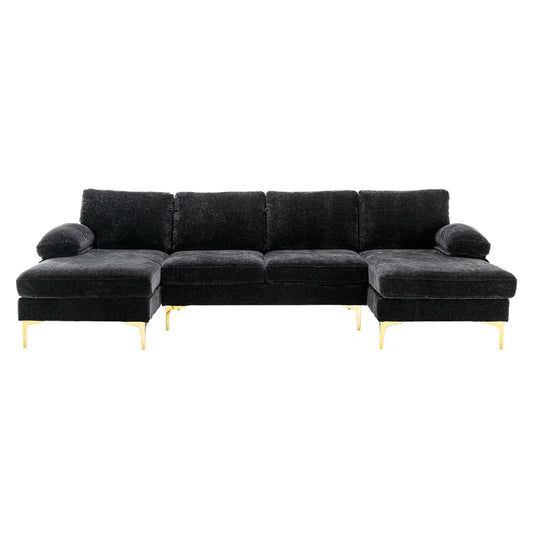 U-Shape Sectional Sofa: 110.6" Wide 3-Piece Upholstered Sectional with Chaise Longue(Black Polyester Blend)