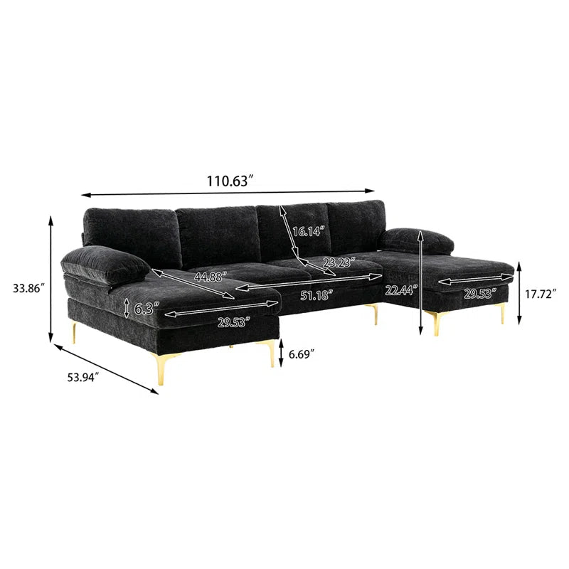 U-Shape Sectional Sofa: 110.6" Wide 3-Piece Upholstered Sectional with Chaise Longue(Black Polyester Blend)