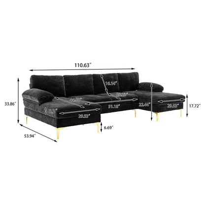 U-Shape Sectional Sofa: 110.6" Wide 3-Piece Upholstered Sectional with Chaise Longue(Black Polyester Blend)