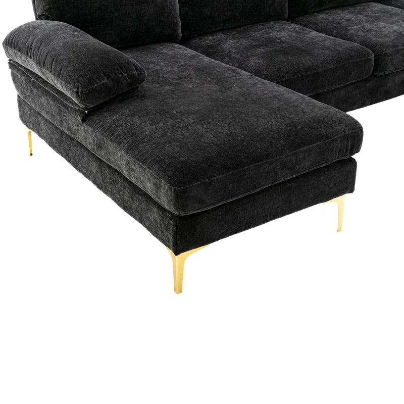U-Shape Sectional Sofa: 110.6" Wide 3-Piece Upholstered Sectional with Chaise Longue(Black Polyester Blend)
