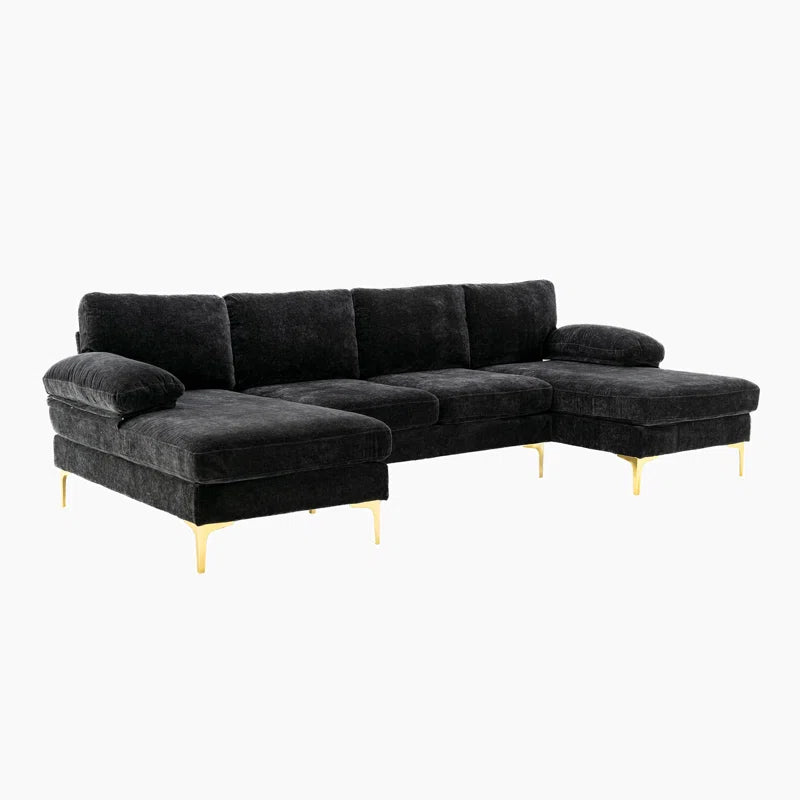 U-Shape Sectional Sofa: 110.6" Wide 3-Piece Upholstered Sectional with Chaise Longue(Black Polyester)