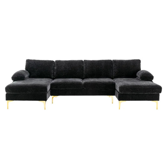 U-Shape Sectional Sofa: 110.6" Wide 3-Piece Upholstered Sectional with Chaise Longue(Black Polyester)