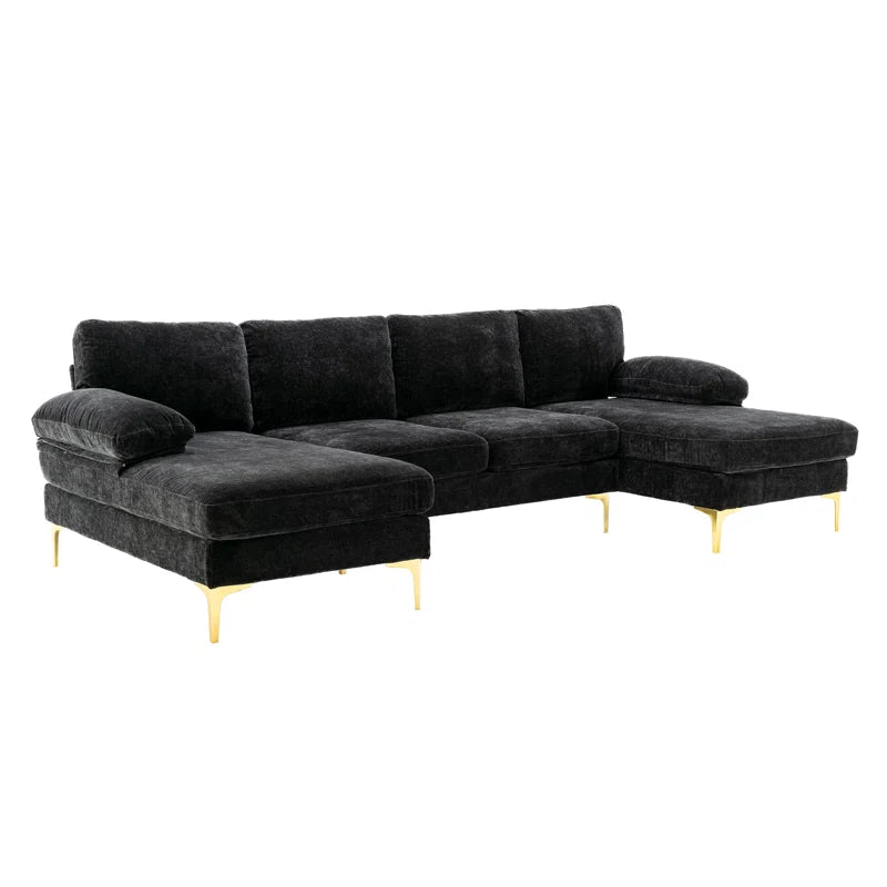U-Shape Sectional Sofa: 110.6" Wide 3-Piece Upholstered Sectional with Chaise Longue(Black Polyester)
