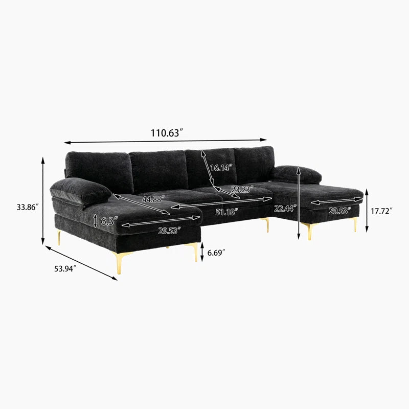 U-Shape Sectional Sofa: 110.6" Wide 3-Piece Upholstered Sectional with Chaise Longue(Black Polyester)