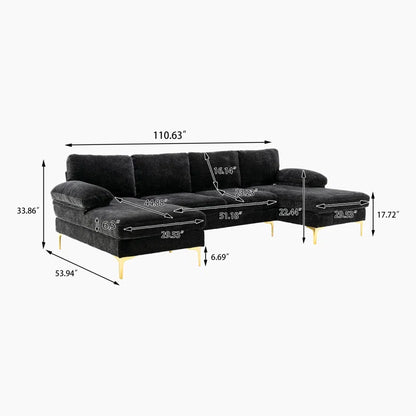 U-Shape Sectional Sofa: 110.6" Wide 3-Piece Upholstered Sectional with Chaise Longue(Black Polyester)