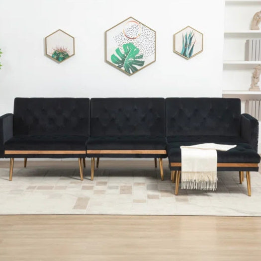 U-Shape Sectional Sofa: 110.6" Wide 3-Piece Upholstered Sectional with Chaise Longue(Black Velvet)