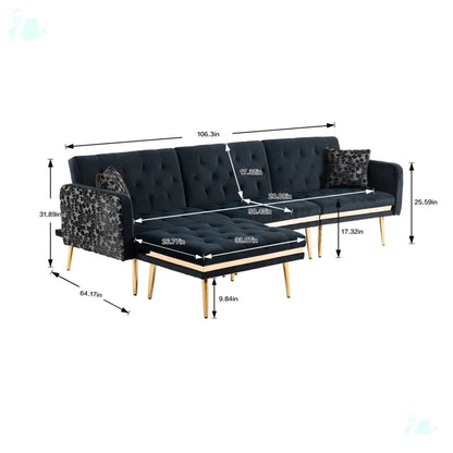 U-Shape Sectional Sofa: 110.6" Wide 3-Piece Upholstered Sectional with Chaise Longue(Black Velvet)