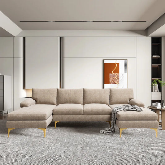 U-Shape Sectional Sofa: 110.6" Wide 3-Piece Upholstered Sectional with Chaise Longue(Camel Chenille)