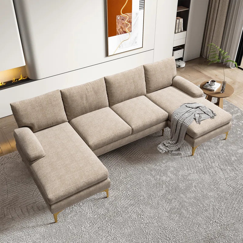 U-Shape Sectional Sofa: 110.6" Wide 3-Piece Upholstered Sectional with Chaise Longue(Camel Chenille)