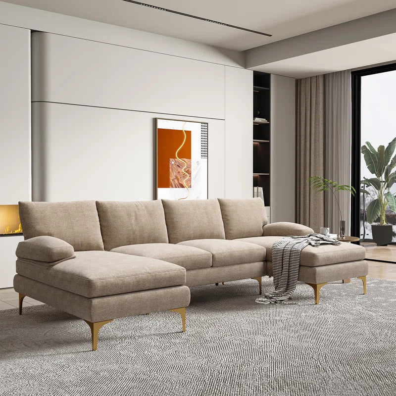 U-Shape Sectional Sofa: 110.6" Wide 3-Piece Upholstered Sectional with Chaise Longue(Camel Chenille)