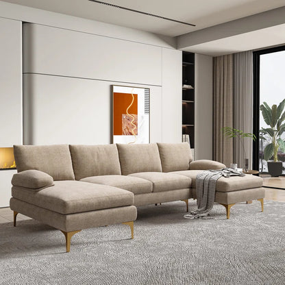 U-Shape Sectional Sofa: 110.6" Wide 3-Piece Upholstered Sectional with Chaise Longue(Camel Chenille)