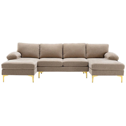 U-Shape Sectional Sofa: 110.6" Wide 3-Piece Upholstered Sectional with Chaise Longue(Camel Polyester Blend)