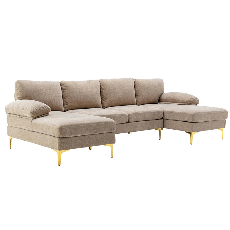 U-Shape Sectional Sofa: 110.6" Wide 3-Piece Upholstered Sectional with Chaise Longue(Camel Polyester Blend)