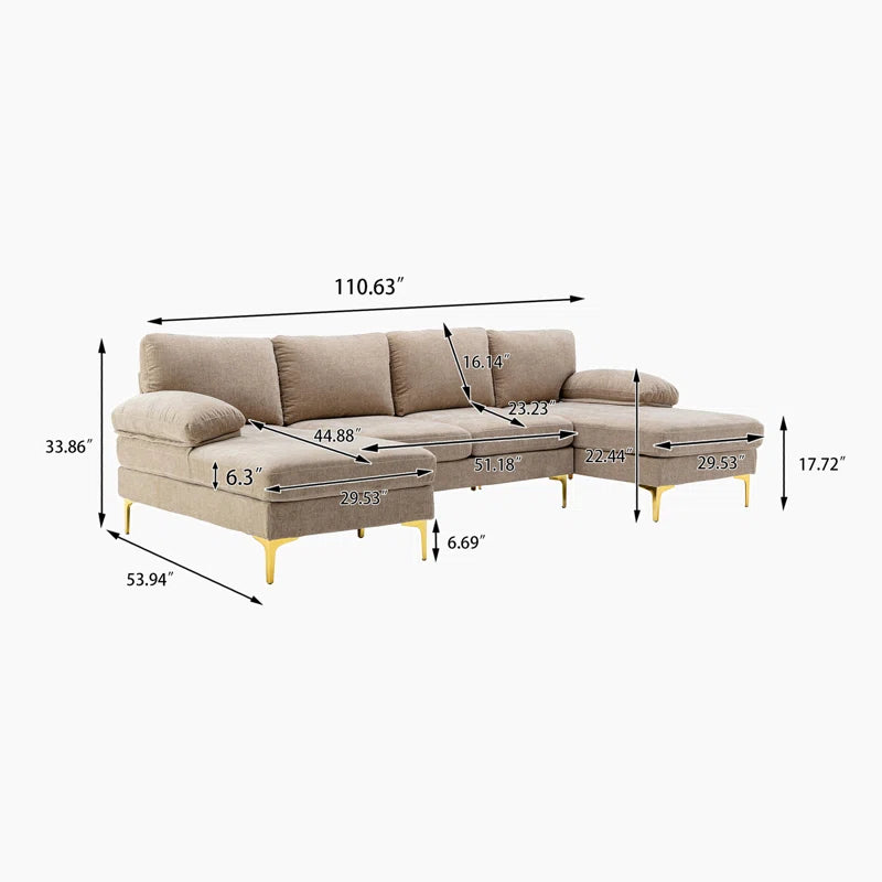 U-Shape Sectional Sofa: 110.6" Wide 3-Piece Upholstered Sectional with Chaise Longue(Camel Polyester)