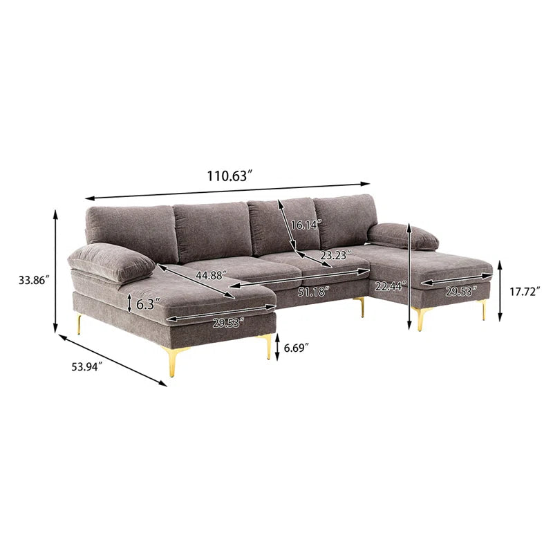 U-Shape Sectional Sofa: 110.6" Wide 3-Piece Upholstered Sectional with Chaise Longue(Gray Polyester Blend)