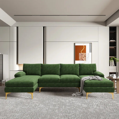 U-Shape Sectional Sofa: 110.6" Wide 3-Piece Upholstered Sectional with Chaise Longue(Green Chenille)