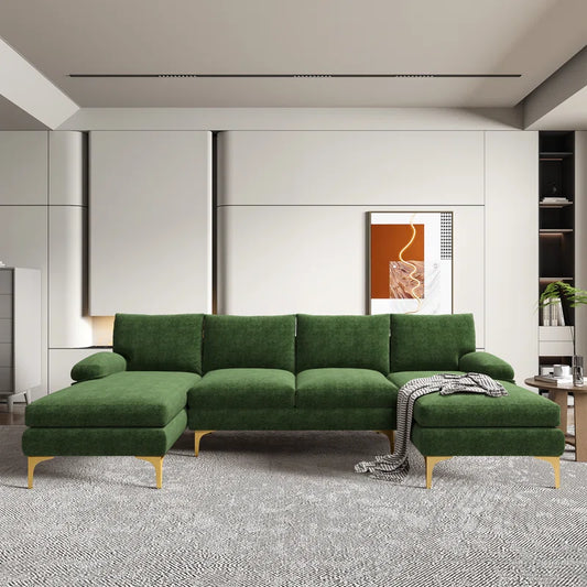 U-Shape Sectional Sofa: 110.6" Wide 3-Piece Upholstered Sectional with Chaise Longue(Green Chenille)