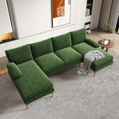 U-Shape Sectional Sofa: 110.6" Wide 3-Piece Upholstered Sectional with Chaise Longue(Green Chenille)