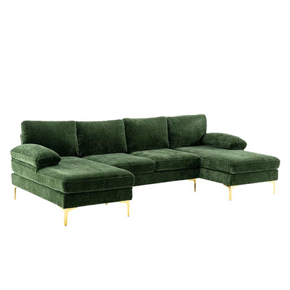 U-Shape Sectional Sofa: 110.6" Wide 3-Piece Upholstered Sectional with Chaise Longue(Green Polyester Blend)