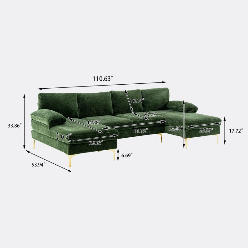 U-Shape Sectional Sofa: 110.6" Wide 3-Piece Upholstered Sectional with Chaise Longue(Green Polyester)