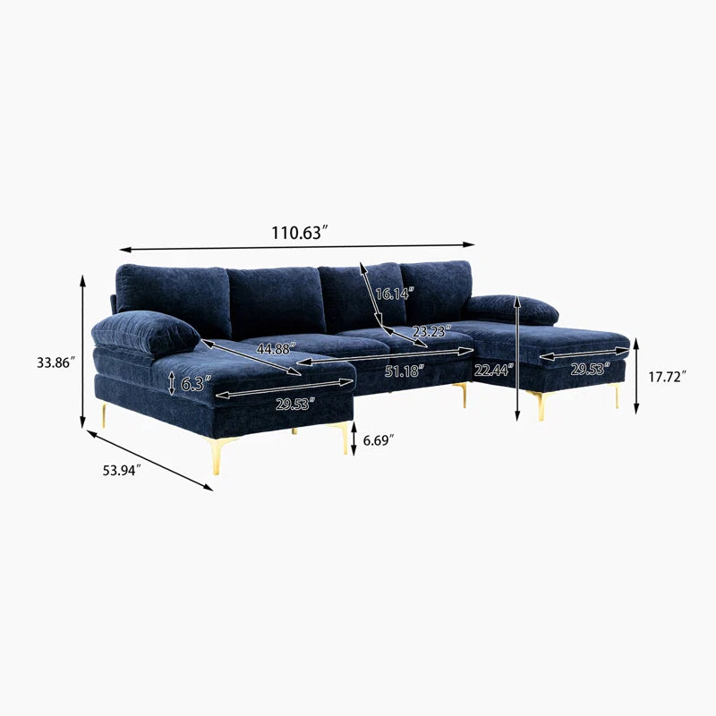 U-Shape Sectional Sofa: 110.6" Wide 3-Piece Upholstered Sectional with Chaise Longue(Navy Blue Polyester)