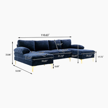 U-Shape Sectional Sofa: 110.6" Wide 3-Piece Upholstered Sectional with Chaise Longue(Navy Blue Polyester)