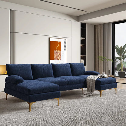 U-Shape Sectional Sofa: 110.6" Wide 3-Piece Upholstered Sectional with Chaise Longue(Navy Chenille)