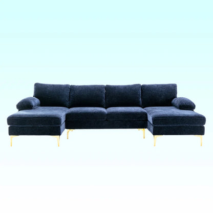 U-Shape Sectional Sofa: 110.6" Wide 3-Piece Upholstered Sectional with Chaise Longue(Navy Chenille)