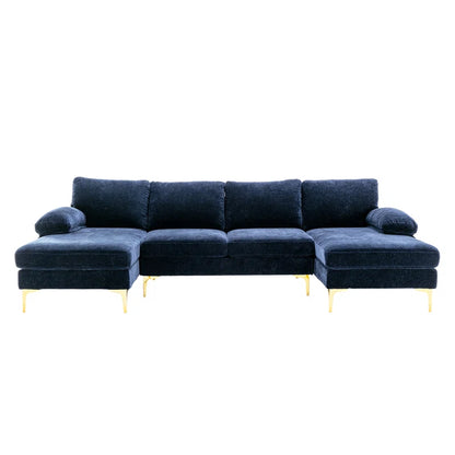 U-Shape Sectional Sofa: 110.6" Wide 3-Piece Upholstered Sectional with Chaise Longue(Navy Polyester Blend)