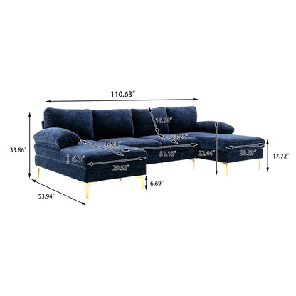 U-Shape Sectional Sofa: 110.6" Wide 3-Piece Upholstered Sectional with Chaise Longue(Navy Polyester Blend)