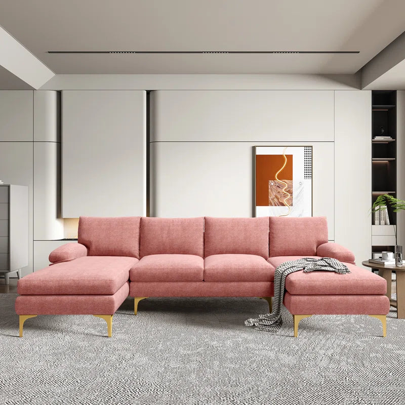 U-Shape Sectional Sofa: 110.6" Wide 3-Piece Upholstered Sectional with Chaise Longue(Pink Chenille)