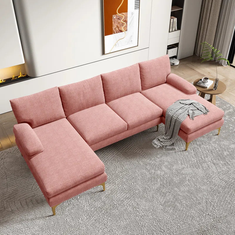 U-Shape Sectional Sofa: 110.6" Wide 3-Piece Upholstered Sectional with Chaise Longue(Pink Chenille)