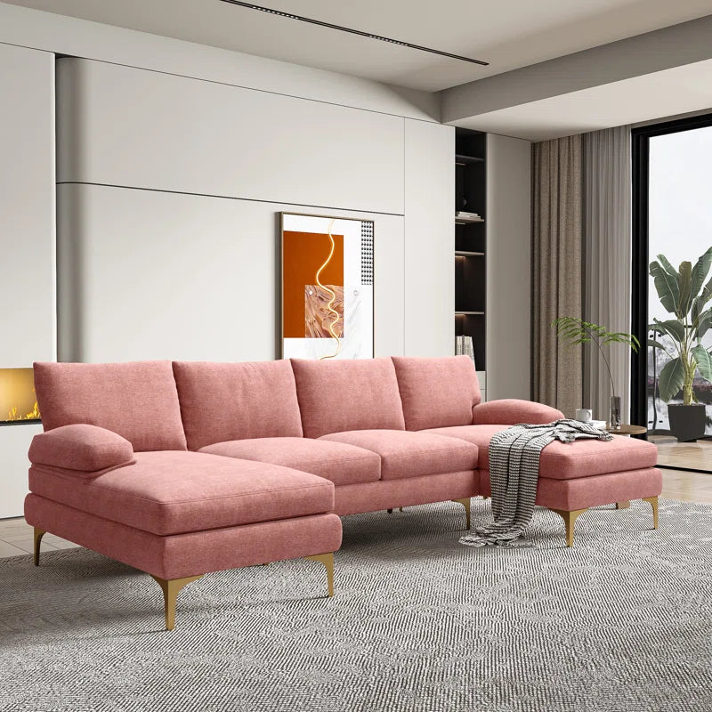 U-Shape Sectional Sofa: 110.6" Wide 3-Piece Upholstered Sectional with Chaise Longue(Pink Chenille)