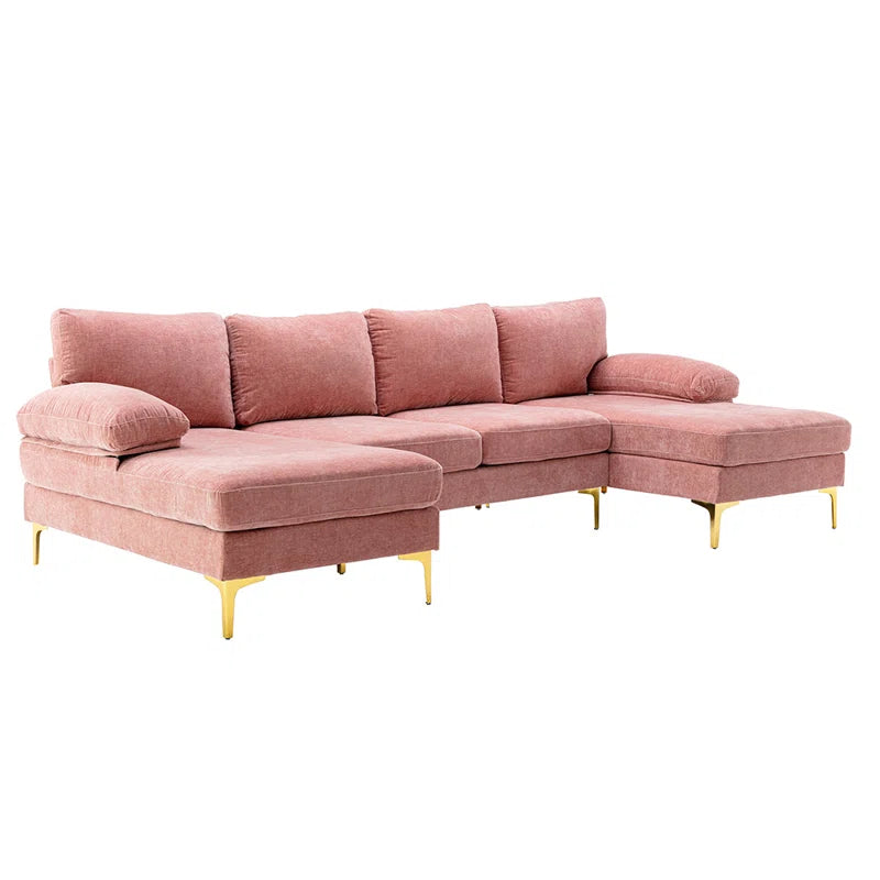 U-Shape Sectional Sofa: 110.6" Wide 3-Piece Upholstered Sectional with Chaise Longue(Pink Polyester Blend)