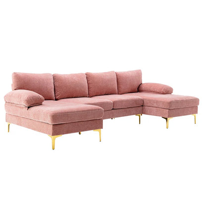 U-Shape Sectional Sofa: 110.6" Wide 3-Piece Upholstered Sectional with Chaise Longue(Pink Polyester Blend)