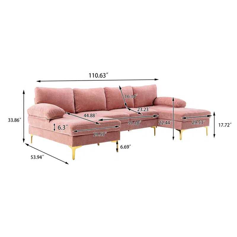U-Shape Sectional Sofa: 110.6" Wide 3-Piece Upholstered Sectional with Chaise Longue(Pink Polyester Blend)