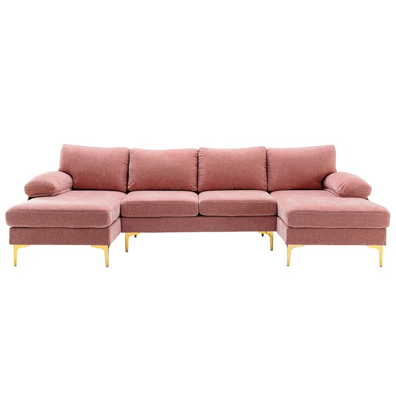 U-Shape Sectional Sofa: 110.6" Wide 3-Piece Upholstered Sectional with Chaise Longue(Pink Polyester Blend)