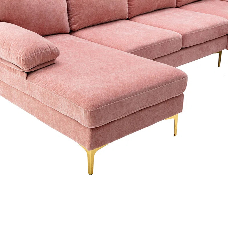 U-Shape Sectional Sofa: 110.6" Wide 3-Piece Upholstered Sectional with Chaise Longue(Pink Polyester Blend)