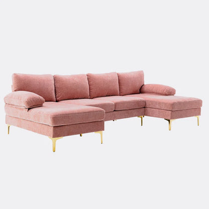 U-Shape Sectional Sofa: 110.6" Wide 3-Piece Upholstered Sectional with Chaise Longue(Pink Polyester)