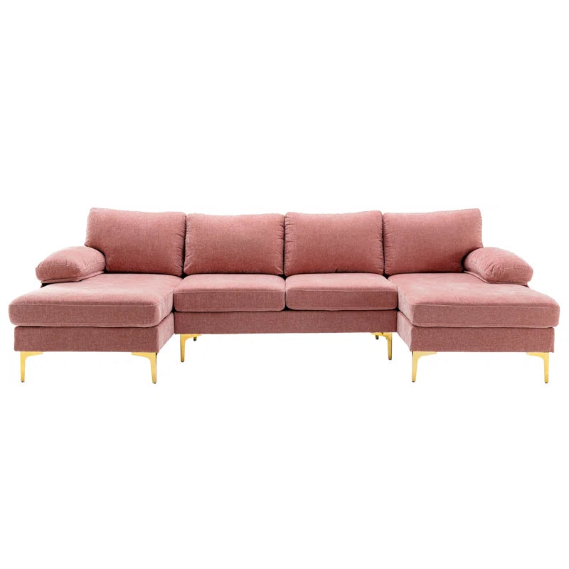 U-Shape Sectional Sofa: 110.6" Wide 3-Piece Upholstered Sectional with Chaise Longue(Pink Polyester)