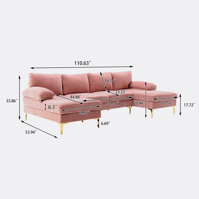 U-Shape Sectional Sofa: 110.6" Wide 3-Piece Upholstered Sectional with Chaise Longue(Pink Polyester)