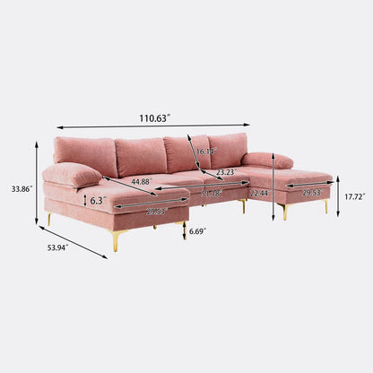 U-Shape Sectional Sofa: 110.6" Wide 3-Piece Upholstered Sectional with Chaise Longue(Pink Polyester)