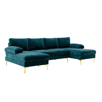 U-Shape Sectional Sofa: 110.6" Wide 3-Piece Upholstered Sectional with Chaise Longue(Teal Blue Polyester)