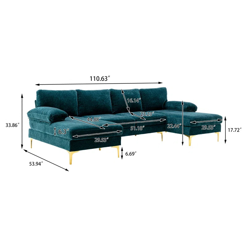 U-Shape Sectional Sofa: 110.6" Wide 3-Piece Upholstered Sectional with Chaise Longue(Teal Polyester Blend)