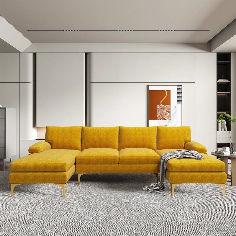 U-Shape Sectional Sofa: 110.6" Wide 3-Piece Upholstered Sectional with Chaise Longue(Yellow Chenille)