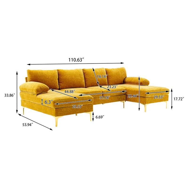 U-Shape Sectional Sofa: 110.6" Wide 3-Piece Upholstered Sectional with Chaise Longue(Yellow Chenille)