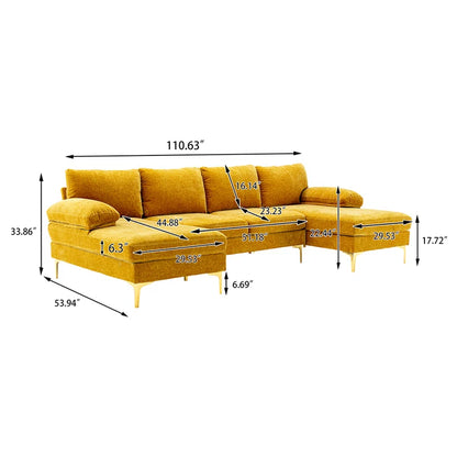 U-Shape Sectional Sofa: 110.6" Wide 3-Piece Upholstered Sectional with Chaise Longue(Yellow Chenille)