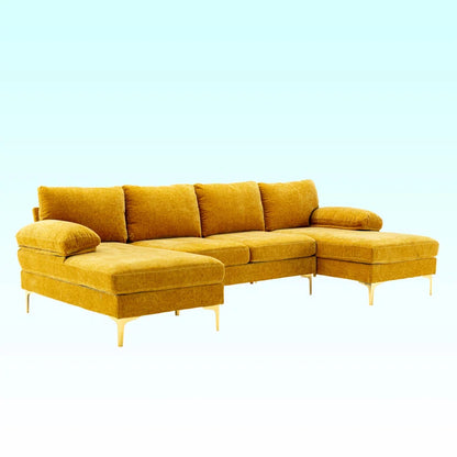 U-Shape Sectional Sofa: 110.6" Wide 3-Piece Upholstered Sectional with Chaise Longue(Yellow Chenille)