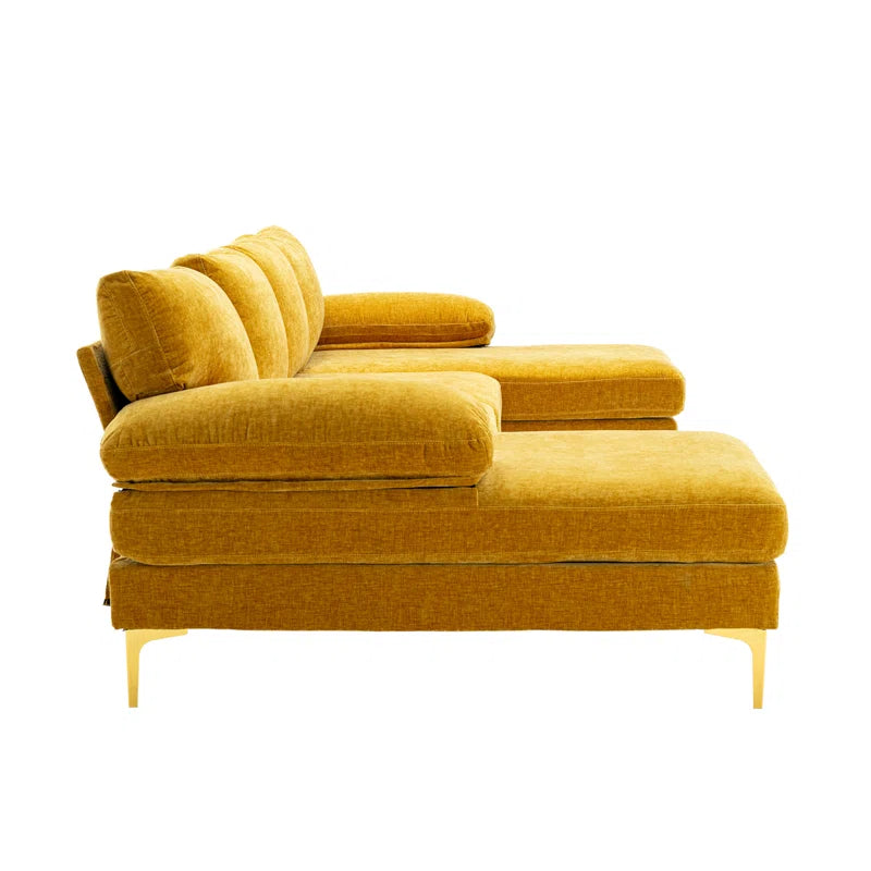 U-Shape Sectional Sofa: 110.6" Wide 3-Piece Upholstered Sectional with Chaise Longue(Yellow Polyester)
